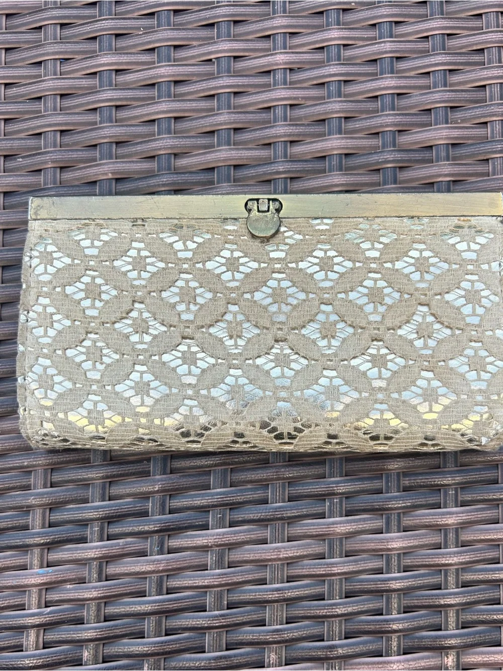 Kardashian Kollection Lace Overlay Clutch Wallet with gold metal frame